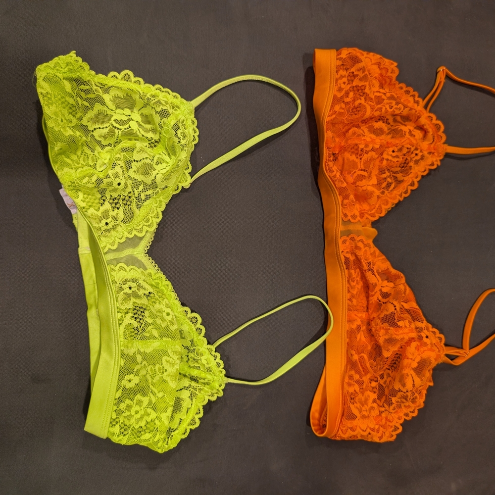 Savage X Fenty Lace Bralette Duo - Lime Green and Bright Orange